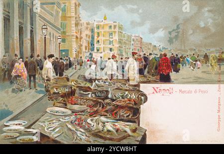 Italienische Vintage-Postkarte mit Illustrationen aus Chromo-Litho von einem Fischmarkt in Neapel, Italien. Stockfoto