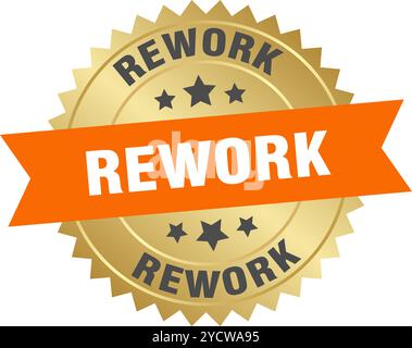 Rundes orangefarbenes und goldfarbenes Etikett auf transparentem Hintergrund überarbeiten. Nacharbeit Stock Vektor