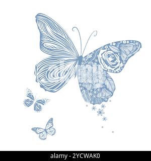 Schmetterling aus Blumen monochrom. Handzeichnung. Nicht AI. Vektorabbildung Stock Vektor