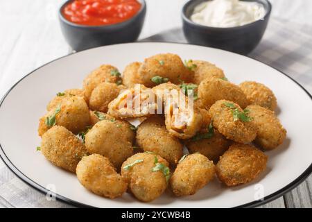 Köstliche frisch panierte Muscheln, serviert mit Mayonnaise und Ketchup in Nahaufnahme auf einem Teller auf dem Tisch. Horizontal Stockfoto