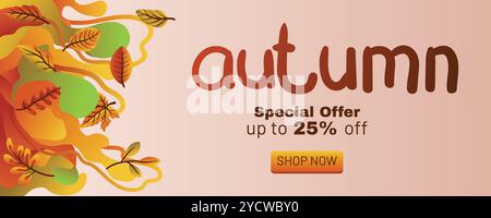 Lebendiges Herbstangebot-Banner mit flüssigem Hintergrund und fallenden Blättern. Konzept des Herbst-Sonderangebots mit abstraktem Hintergrund-Banner-Template-Vektor Stock Vektor