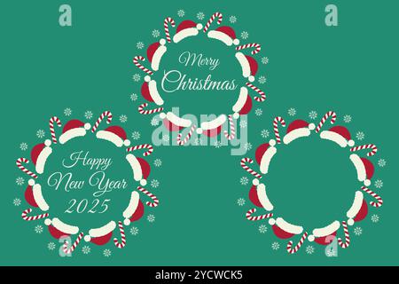 Frohe Weihnachten, Happy New Year Round Frames mit Inschriften, Zuckerrohr und Schneeflocken und Vorlage mit Kopierraum. Set mit 3 isolierten Vektor-Illustrationskarten, Poster, Prospekt, Etikett oder Web-Werbeaktion Stock Vektor