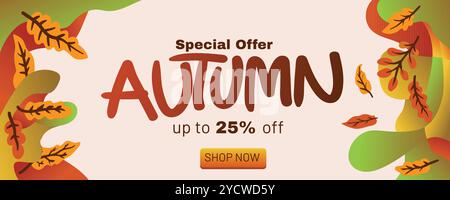 Herbst Special Discount Banner mit fließenden Hintergrund und bunten Blättern. Konzept Herbstangebot mit abstrakter Hintergrundbannervorlage VEC Stock Vektor