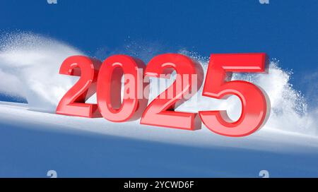 Neujahrsrot 2025 auf Winterschnee Hintergrund, 3D-Illustration Stockfoto