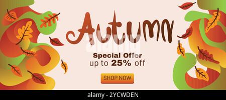 Elegantes Herbstangebot-Banner mit flüssigen Formen und Herbstblättern. Konzept des Herbstspezialangebots mit abstrakter Hintergrundbanner-Vorlage Vektor-Illus Stock Vektor