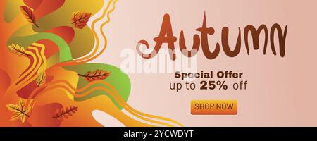 Herbstangebot Banner mit fließendem flüssigem Hintergrund und Herbstblättern. Konzept des Herbstspezialangebots mit abstraktem Hintergrundbanner Template Vektor i Stock Vektor