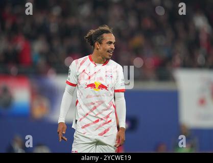 Leipzig, Deutschland. 23. Oktober 2024. Yussuf Poulsen von Leipzig Gesten während des Champions League-MD3-Spiels zwischen RB Leipzig und Liverpool in der Red Bull Arena in Leipzig. Quelle: Ulrik Pedersen/Alamy Stockfoto