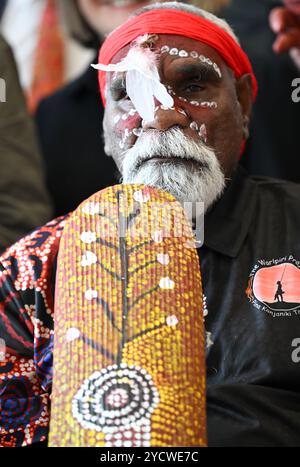 24. Oktober 2024, Hessen, Frankfurt/Main: Ned Jampitjinpa Hargraves, Ältester der Warlpiri-Gemeinde Yuendumu aus dem Northern Territory (Australien), nimmt in traditioneller Tracht an einer Übergabeveranstaltung im Festsaal des Senckenberg Research Institute und des Naturmuseums Frankfurt Teil. Zu den 24 Objekten gehören Bumerangs, Speere und Schilde aus der Privatsammlung des Forschers Irenäus Eibl-Eibesfeldt, die der Sohn des Forschers nun an die australische Aborigine-Gemeinde zurückgegeben hat. Foto: Arne Dedert/dpa Stockfoto