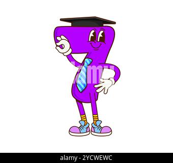 Cartoon Mathe Nummer sieben groovige Figur in Professor Hut und Krawatte mit OK-Zeichen. Isolierte Vektor verspielte 7-stellige Lehrerfigur mit Mörtelplatte auf dem Kopf, Unterrichtsstunde verkörpert Bildung und Spaß Stock Vektor