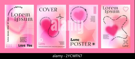 Ästhetische Valentinstag Y2K Gradient Love Poster mit Herzen, Vektor-Cover Vorlagen. Posterhintergründe in rosa Pastellfarben oder Neon mit Farbverläufen in Y2K-Optik und einfachen minimalen Linienmustern und Herzen Stock Vektor