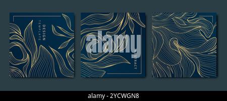Vektor-Satz von Blattgold floralen Hintergründen. Linie luxuriöses Pflanzen-Natur-Ornament, Vintage-Laubwerk-Ornament. Abbildung der Premium-Niederlassung. Stock Vektor