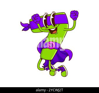 Cartoon groovige Mathe Nummer sieben Superheldenfigur. Verspielte 7-stellige Figuren in kultiger Verteidigerkleidung, die fröhlich springt. Mathematisch numerische Superheldenfigur mit fröhlichem Lächeln Stock Vektor