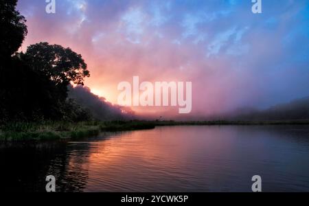 Sonnenaufgang am Amazonas-Dschungel-Fluss, nebliger Morgensonnenaufgang über dem Amazonas-Fluss, Dschungelbäume, Reflexion, bewölkte und stimmungsvolle Atmosphäre Stockfoto