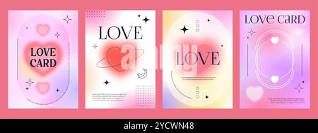 Valentine y2k-Verlaufsposter, liebe Hintergründe in abstraktem, modernem Stil mit Herzen, Verläufen und rosa oder pastellfarbenen Farben. Vektor vertikale Banner Vorlagen, moderne romantische Valentinskarten Stock Vektor
