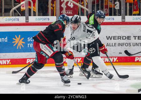 18.10.2024, Eishockey: Penny DEL, Saison 2024/2025, 10. Spieltag, Düsseldorfer EG - Kölner Haie im PSD Bank Dome in Düsseldorf. ZWEIKAMPF zwischen Kenny Agostino (Duesseldorfer EG, #18) und Justin Schuetz (Koelner Haie, #10). Foto: Kirchner-Media/TH Stockfoto