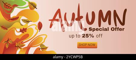 Herbstangebot Banner mit fließendem flüssigem Hintergrund und goldenen Herbstblättern. Konzept Herbstangebot mit abstrakter Hintergrundbannervorlage ve Stock Vektor