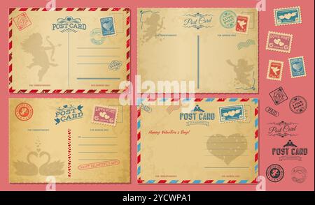 Valentinstag antike Postkarten mit Vintage Briefmarken für Retro-Post, Vektorhintergründe. Valentinstag-Grußkarten mit Liebesherzen, Engelskerub mit Pfeil und Bogen für Vintage-Postkarten Stock Vektor