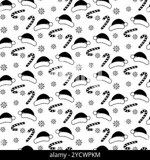 Weihnachtsmützen, Schneeflocken und Streifen Candy Cane nahtloses Muster in Schwarz und weiß im trendigen Doodle-Stil. Isolierte Vektor-Illustration Hintergrundbild Thematische Karten, Posterbroschüre, Etikett oder Web-Promo Hintergrund Stock Vektor
