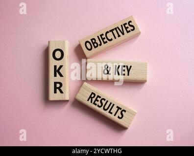 Symbol für OKR-Ziele und wichtige Ergebnisse. Holzblöcke mit den Worten OKR-Ziele und wichtige Ergebnisse. Schöner rosafarbener Hintergrund. Business- und OKR-Konzept. C Stockfoto