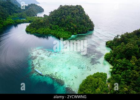 Kleines Boot in einer wunderschönen Lagune umgeben von üppigem tropischem Wald auf Labengki Insel in sulawesi, indonesien, spektakuläres abgelegenes Korallenriff Stockfoto