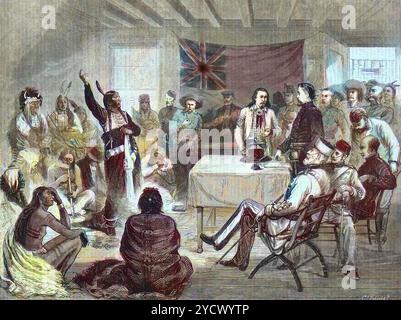 Der Indianerkrieg in den Vereinigten Staaten - American Frontier Wars - The Sitting Bull Council with Sitting Bull and Buffalo Bill in Fort Walsh, British Territory, Oktober 1877 - Stockfoto