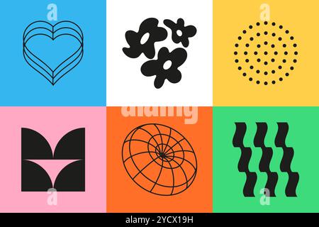 Trendbilder mit Schatten und Linien – Set aus flachen, farbenfrohen Illustrationen Stock Vektor