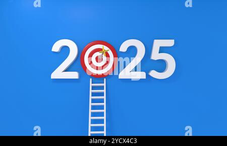 Kreatives Konzept für 2025 mit einem Bullseye als „0“ mit einem Pfeil, der in die Mitte schlägt und Ziele und Erfolge symbolisiert. Eine Leiter beugt sich gegen Th Stockfoto