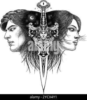 Dolch schwarz weiß digitale Illustration, Mann und Frau in Liebe Tattoo Design Stockfoto