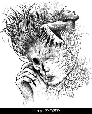 Handgezeichnete digitale Illustration mit Feuermotiv. Schwarze und weiße dunkle Zeichnung. Schädelansicht Stockfoto