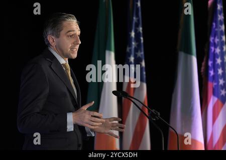 Taoiseach Simon Harris sprach während des US-irischen Wirtschaftsgipfels in der Residenz des US-Botschafters in Dublin. Bilddatum: Donnerstag, 24. Oktober 2024. Stockfoto