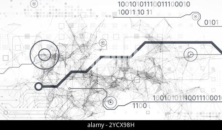 Abstrakter Hintergrund technologischer und wissenschaftlicher Themen. Plexus-Effekt mit verschiedenen Techno-Details. Handgezeichneter Vektor. Stock Vektor