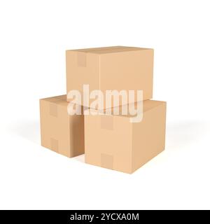 Drei Kartons. Leer. Geschlossen. Isoliert. 3D-Abbildung. Stockfoto