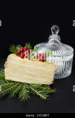 Ein Stück Kuchen verziert Baum und Beeren auf schwarzem Hintergrund, Untertasse mit Marshmallows Stockfoto