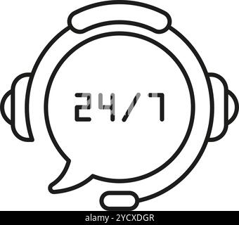 24-7 Kundensupport, Symbol für Headset-Leitung mit Sprechblase. Zeithilfe 24-7. Symbol „Callcenter“ oder „Customer Support and Help Outline“. Bearbeitbar Stock Vektor
