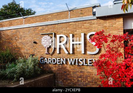 Das RHS Garden Wisley Eingangsschild in Surrey, Südosten Englands, hinter dem Laub eines Baumes mit leuchtend roten Herbstfarben Stockfoto