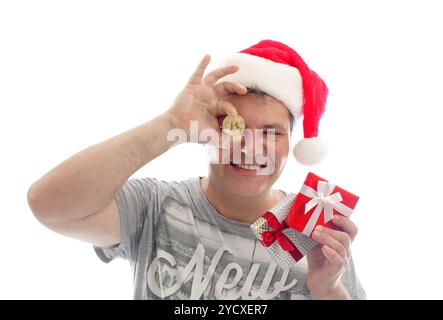 Krypto Weihnachten - Mann mit Bitcoin Stockfoto