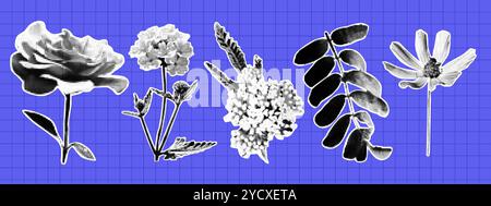 Trendige Collage mit Blumen. Rose, Wiesenblume, Blatt. Vintage-Rastereffekt Stock Vektor