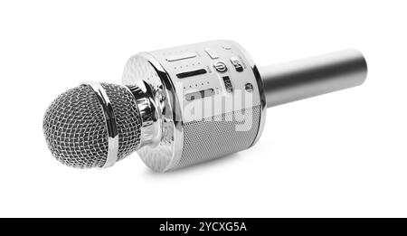Ein silbernes Karaoke-Mikrofon isoliert auf weiß Stockfoto