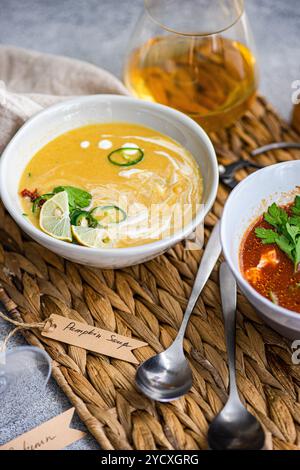 Saisonale Tomaten- und Kürbissuppen garniert mit frischen Kräutern und grüner Chili, serviert mit einem Glas Weißwein. Stockfoto