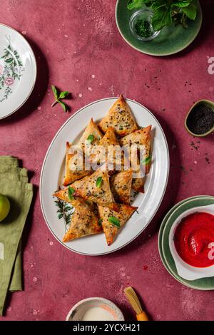 Ein Teller mit knusprigen gebackenen Samosas, bestreut mit Sesamsamen und garniert mit Minze, serviert mit Tomatensauce perfektes Rezept für ein gesundes, veganes EAS Stockfoto