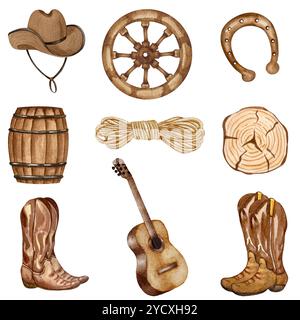 Rad, Fass mit Sonnenblumen und Cowboystiefeln. Handgemaltes Rodeo-Design in Aquarellfarben. Illustration zum Thema „Leben auf dem Land in Texas“. Leder Stockfoto