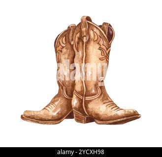 Cowboystiefel in Wasserfarben. Handgemaltes Rodeo-Design. Illustration zum Thema „Leben auf dem Land in Texas“. Ranch-Stiefel aus Leder. Stockfoto