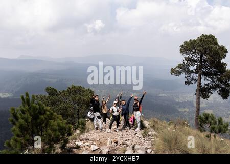 Eine Gruppe von Wanderern jubelt fröhlich auf dem Gipfel in Cumbres del Ajusco, Mexiko-Stadt, umgeben von dichtem Wald und klarem Himmel Stockfoto