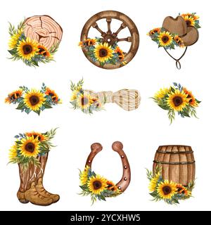 Rad, Fass mit Sonnenblumen und Cowboystiefeln. Handgemaltes Rodeo-Design in Aquarellfarben. Illustration zum Thema „Leben auf dem Land in Texas“. Leder Stockfoto