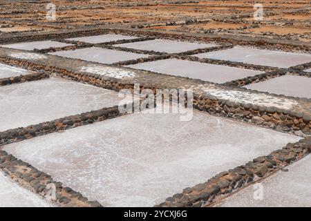 Aus der Vogelperspektive mit Reihen traditioneller Salinen gefüllt mit verdampfendem Meerwasser, die für die Salzproduktion verwendet werden, sind die geometrischen Muster der Salinen Stockfoto
