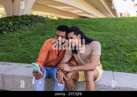 Ein Moment der Freude zwischen zwei Schwulen, die in einem Stadtpark sitzen, teilen sie ein Lächeln, während sie gemeinsam ein Selfie auf einem Smartphone machen und die Diversi zeigen Stockfoto