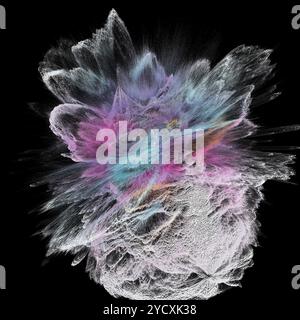 Dieses 3D-Rendering zeigt eine dynamische Explosion von Partikeln in einer abstrakten Illustration mit einem Spektrum lebendiger Farben auf einem dunklen Hintergrund. Stockfoto