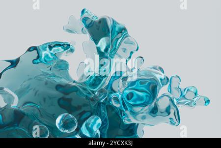 Eine lebendige 3D-gerenderte Illustration dynamischer blauer Wasserspritzer in hoher Auflösung auf hellem Hintergrund, perfekt für kreative Projekte. Stockfoto