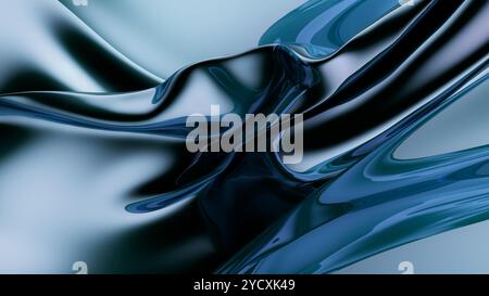 Eine 3D-Illustration, die glatte, fließende Wellen mit blauen metallischen Reflexen zeigt und einen abstrakten Flüssigmetalleffekt erzeugt. Stockfoto
