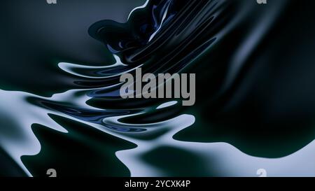 Eine 3D-Illustration, die glatte, fließende Wellen mit blauen metallischen Reflexen zeigt und einen abstrakten Flüssigmetalleffekt erzeugt. Stockfoto